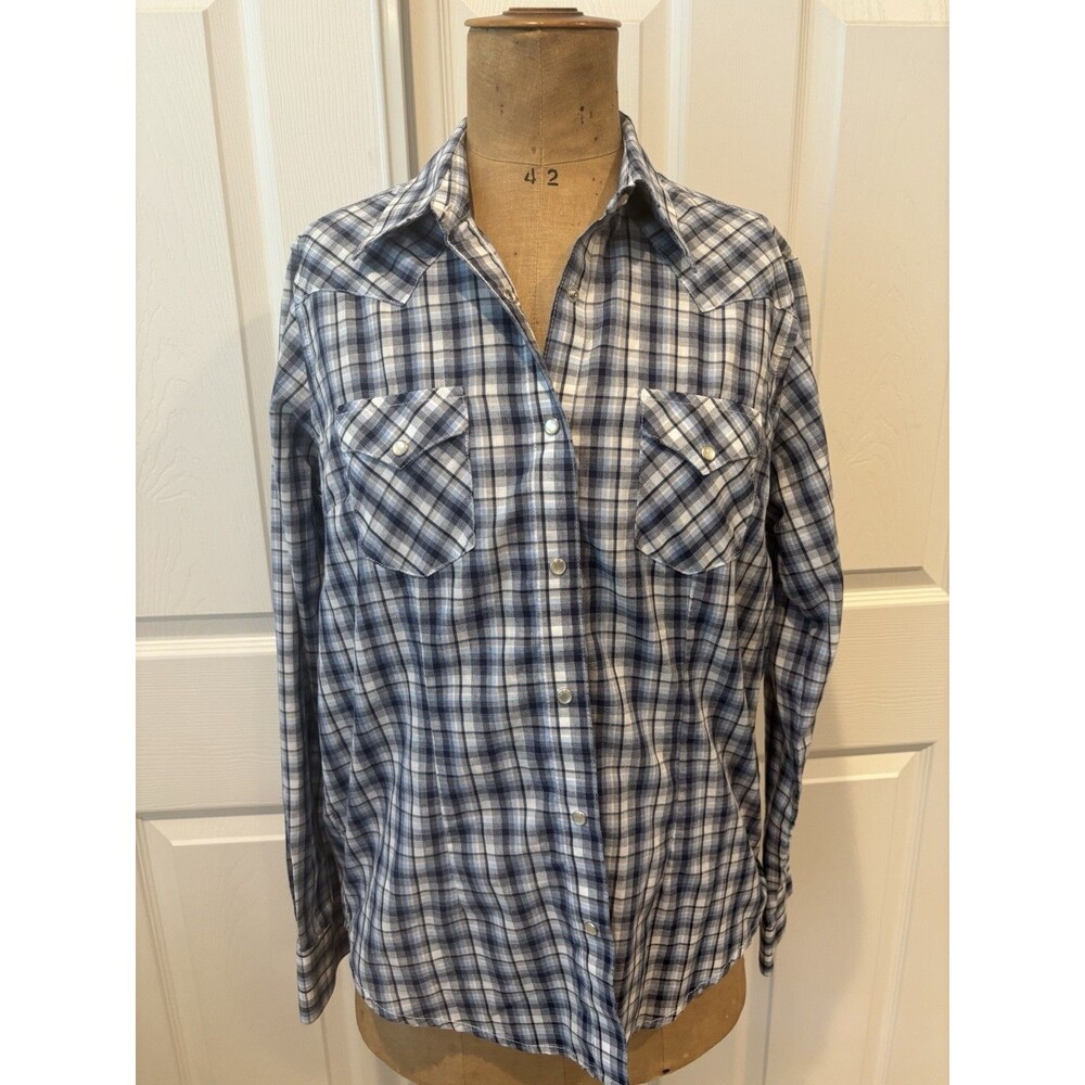 Wrangler Men's Long Sleeve Pearl Snap Button Down Blue Plaid (M)